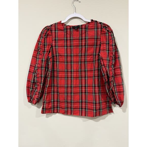 J. CREW Women Red Tartan Plaid Ruffled Puff Sleeves Steward Blouse XXS 2394 - Picture 2 of 9
